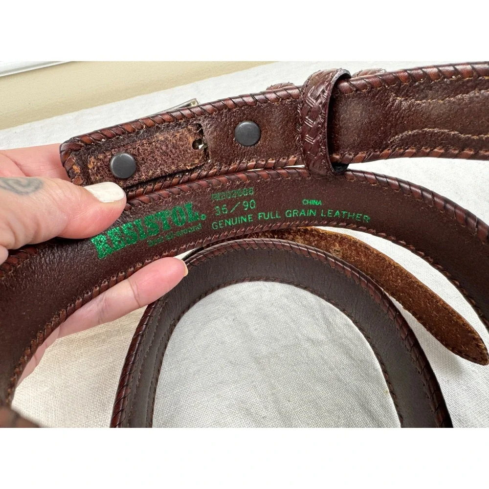 Resistol Mens Vintage 1994 Brown Leather Basketweave Western Belt 36 Engraved